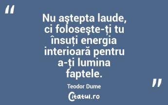 Nu aştepta laude, ci foloseşte-ţi tu însuţi energia interioară pentru a-ţi lumina faptele. Teodor Dume...