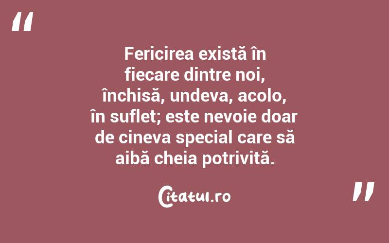 Fericirea există în fiecare dintre noi, închisă, undeva, acolo, în suflet; este nevoie doar de cineva special care să aibă cheia potrivită. 
