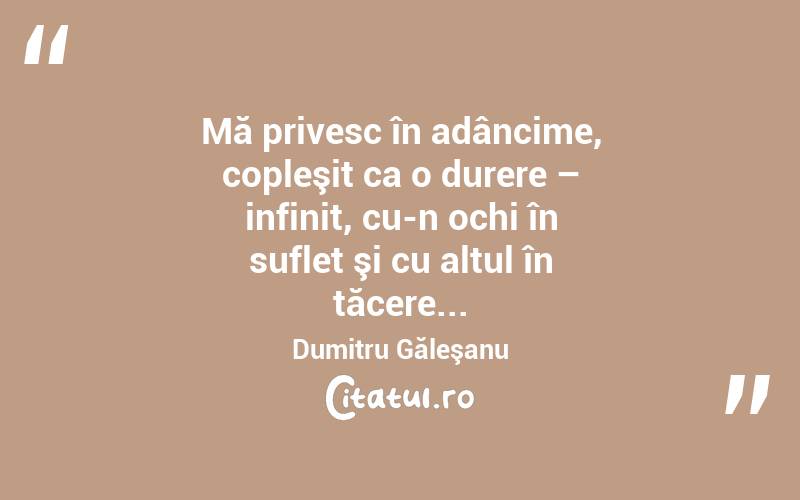  Mă privesc în adâncime, copleşit ca o durere – infinit, cu-n ochi în suflet şi cu altul în tăcere... Dumitru Găleşanu
