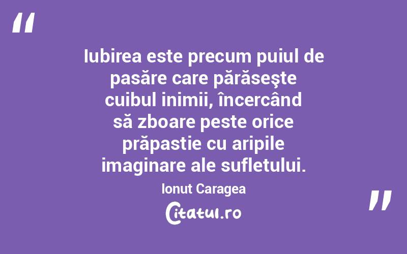  Iubirea este precum puiul de pasăre care părăseşte cuibul inimii, încercând să zboare peste orice prăpastie cu aripile imaginare ale sufletului. Ionuț Caragea
