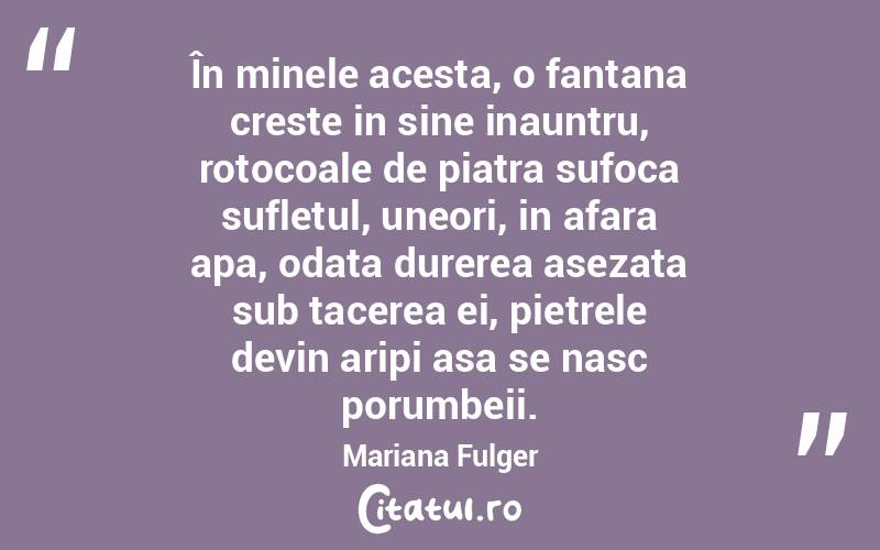 În minele acesta, o fantana creste in sine inauntru, rotocoale de piatra sufoca sufletul, uneori, in afara apa, odata durerea asezata sub tacerea ei, pietrele devin aripi asa se nasc porumbeii. Mariana Fulger
