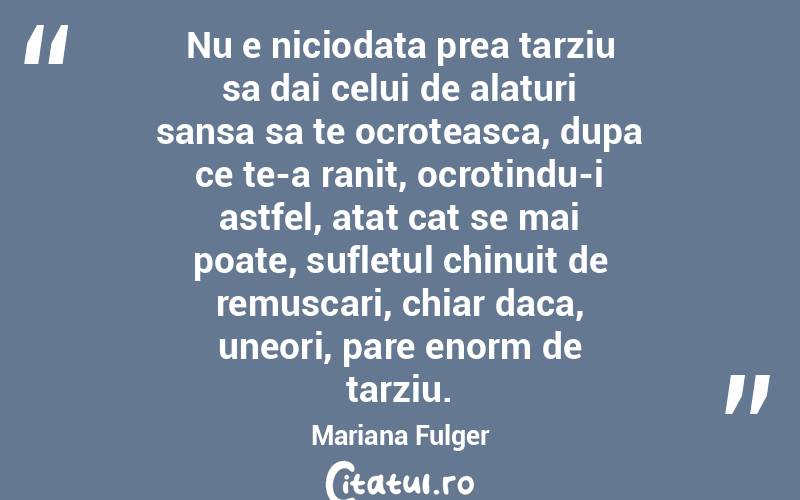 Nu e niciodata prea tarziu sa dai celui de alaturi sansa sa te ocroteasca, dupa ce te-a ranit, ocrotindu-i astfel, atat cat se mai poate, sufletul chinuit de remuscari, chiar daca, uneori, pare enorm de tarziu. Mariana Fulger
