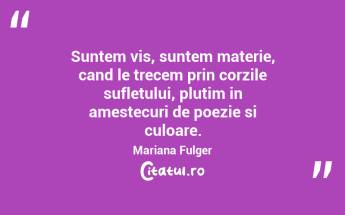 Suntem vis, suntem materie, cand le trecem prin corzile sufletului, plutim in amestecuri de poezie si culoare. Mariana Fulger...