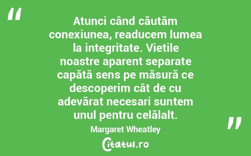 Atunci când căutăm conexiunea, readucem lumea la integritate. Viețile noastre aparent separate capătă sens pe măsură ce descoperim cât de cu adevărat necesari suntem unul pentru celălalt. Margaret Wheatley
