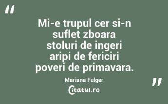 Mi-e trupul cer si-n suflet zboara stoluri de ingeri aripi de fericiri poveri de primavara. Mariana Fulger...