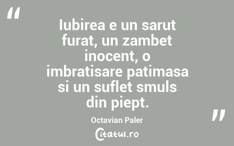 Iubirea e un sarut furat, un zambet inocent, o imbratisare patimasa si un suflet smuls din piept. Octavian Paler
