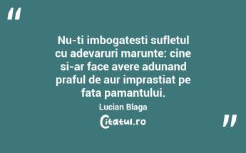 Nu-ti imbogatesti sufletul cu adevaruri marunte: cine si-ar face avere adunand praful de aur imprastiat pe fata pamantului. Lucian Blaga...