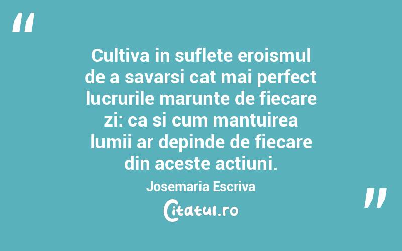 Cultiva in suflete eroismul de a savarsi cat mai perfect lucrurile marunte de fiecare zi: ca si cum mantuirea lumii ar depinde de fiecare din aceste actiuni. Josemaria Escriva
