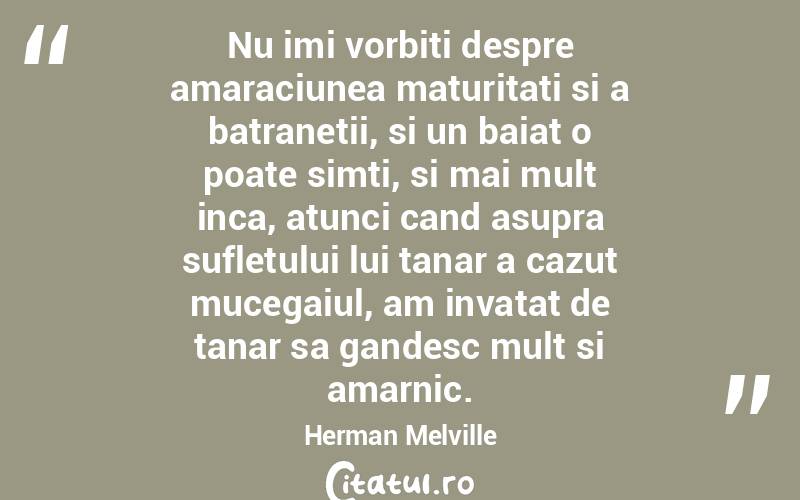Nu imi vorbiti despre amaraciunea maturitati si a batranetii, si un baiat o poate simti, si mai mult inca, atunci cand asupra sufletului lui tanar a cazut mucegaiul, am invatat de tanar sa gandesc mult si amarnic. Herman Melville
