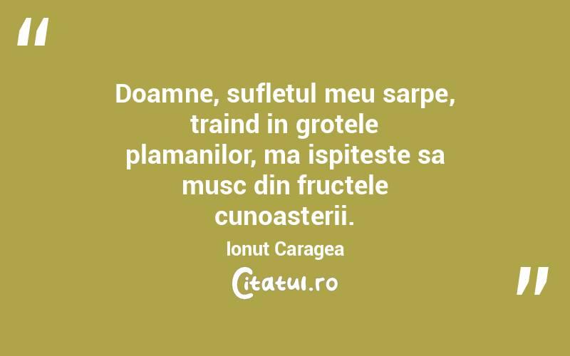 Doamne, sufletul meu sarpe, traind in grotele plamanilor, ma ispiteste sa musc din fructele cunoasterii. Ionuț Caragea
