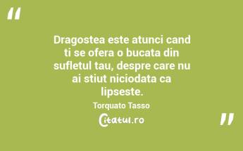 Dragostea este atunci cand ti se ofera o bucata din sufletul tau, despre care nu ai stiut niciodata ca lipseste. Torquato Tasso...