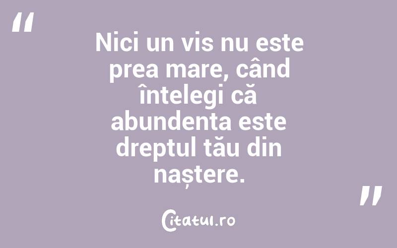 Nici un vis nu este prea mare, când înțelegi că abundența este dreptul tău din naștere.
