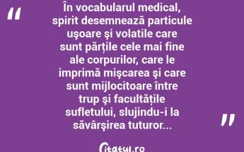 În vocabularul medical, spirit desemnează particule uşoare şi volatile care sunt părţile cele mai fine ale corpurilor, care le imprimă mişcarea şi care sunt mijlocitoare între trup şi facultăţile sufletului, slujindu-i la săvârşirea tuturor... ...