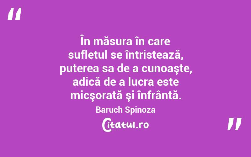   În măsura în care sufletul se întristează, puterea sa de a cunoaşte, adică de a lucra este micşorată şi înfrântă. Baruch Spinoza
