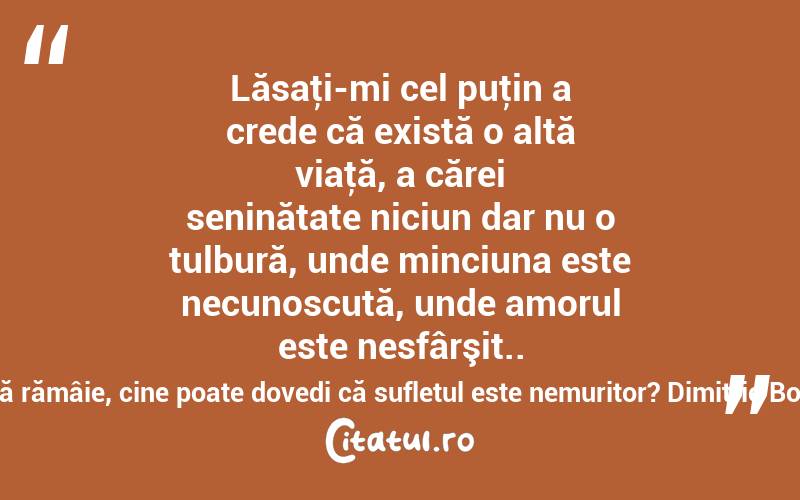 Lăsaţi-mi cel puţin a crede că există o altă viaţă, a cărei seninătate niciun dar nu o tulbură, unde minciuna este necunoscută, unde amorul este nesfârşit.. între noi să rămâie, cine poate dovedi că sufletul este nemuritor? Dimitrie Bolintineanu
