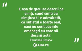 E aşa de greu sa descrii ce simţi, când simţi că simţirea ţi-e adevărată, că sufletul e foarte real, căci nu sunt cuvinte omeneşti cu care să descrii asta. Fernando Pessoa...