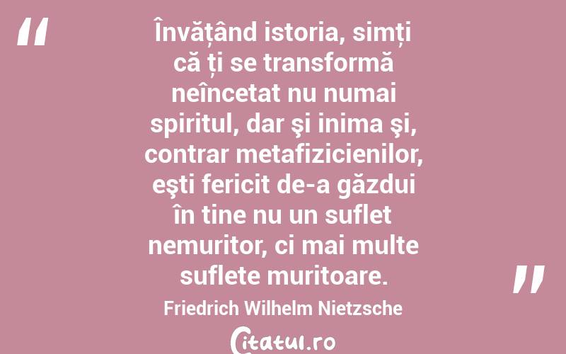 Învăţând istoria, simţi că ţi se transformă neîncetat nu numai spiritul, dar şi inima şi, contrar metafizicienilor, eşti fericit de-a găzdui în tine nu un suflet nemuritor, ci mai multe suflete muritoare. Friedrich Wilhelm Nietzsche
