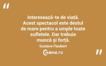 Interesează-te de viaţă. Acest spectacol este destul de mare pentru a umple toate sufletele. Dar trebuie muncă şi forţă. Gustave Flaubert...