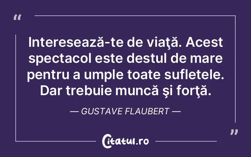 Interesează-te de viaţă. Acest spectacol este destul de mare pentru a umple toate sufletele. Dar trebuie muncă şi forţă. Gustave Flaubert