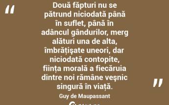   Două făpturi nu se pătrund niciodată până în suflet, până în adâncul gândurilor, merg alături una de alta, îmbrăţişate uneori, dar niciodată contopite, fiinţa morală a fiecăruia dintre noi rămâne veşnic singură în viaţă. Guy de Maupassant...