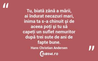 Tu, biată zână a mării, ai îndurat necazuri mari, inima ta s-a chinuit şi de aceea poţi şi tu să capeţi un suflet nemuritor după trei sute de ani de fapte bune. Hans Christian Andersen...