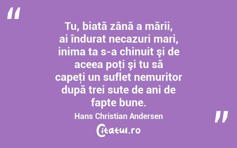 Tu, biată zână a mării, ai îndurat necazuri mari, inima ta s-a chinuit şi de aceea poţi şi tu să capeţi un suflet nemuritor după trei sute de ani de fapte bune. Hans Christian Andersen
