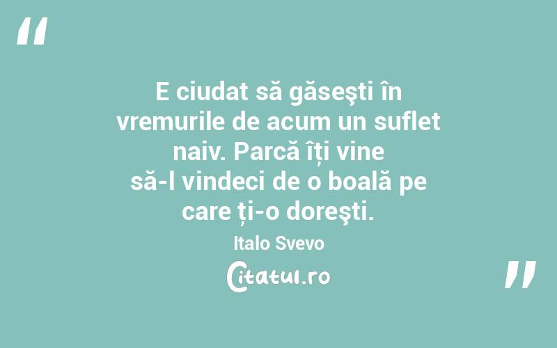   E ciudat să găseşti în vremurile de acum un suflet naiv. Parcă îţi vine să-l vindeci de o boală pe care ţi-o doreşti. Italo Svevo
