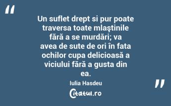 Un suflet drept si pur poate traversa toate mlaştinile fără a se murdări; va avea de sute de ori în fata ochilor cupa delicioasă a viciului fără a gusta din ea. Iulia Hasdeu...