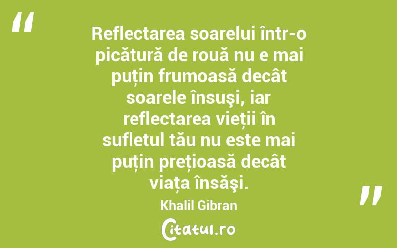 Reflectarea soarelui într-o picătură de rouă nu e mai puţin frumoasă decât soarele însuşi, iar reflectarea vieţii în sufletul tău nu este mai puţin preţioasă decât viaţa însăşi. Khalil Gibran
