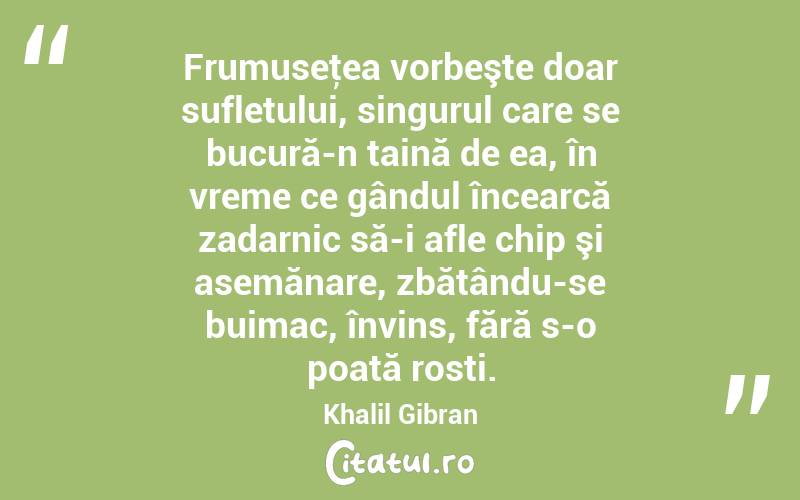  Frumuseţea vorbeşte doar sufletului, singurul care se bucură-n taină de ea, în vreme ce gândul încearcă zadarnic să-i afle chip şi asemănare, zbătându-se buimac, învins, fără s-o poată rosti. Khalil Gibran

