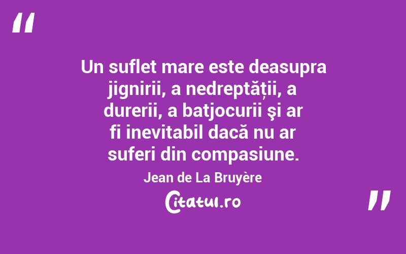 Un suflet mare este deasupra jignirii, a nedreptăţii, a durerii, a batjocurii şi ar fi inevitabil dacă nu ar suferi din compasiune. Jean de La Bruyère
