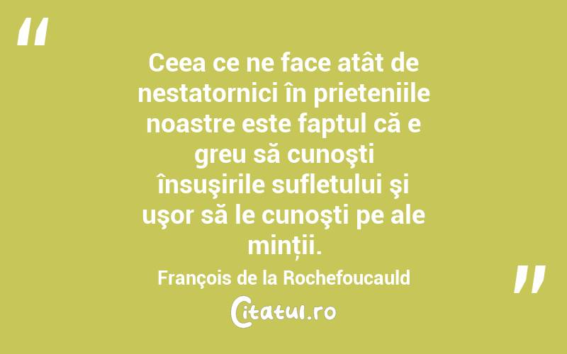 Ceea ce ne face atât de nestatornici în prieteniile noastre este faptul că e greu să cunoşti însuşirile sufletului şi uşor să le cunoşti pe ale minţii. François de la Rochefoucauld
