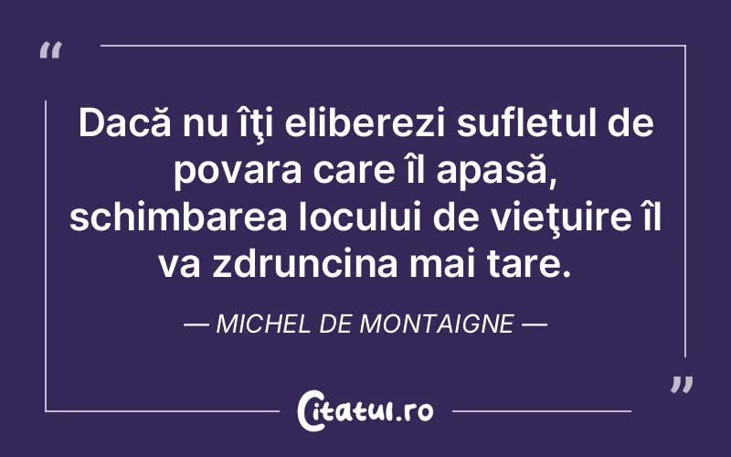 Dacă nu îţi eliberezi sufletul de povara care îl apasă, schimbarea locului de vieţuire îl va zdruncina mai tare. Michel de Montaigne