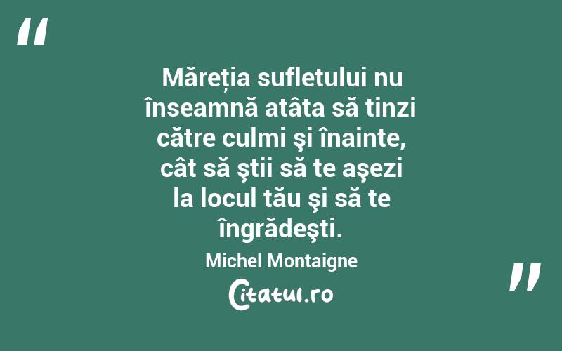 Măreţia sufletului nu înseamnă atâta să tinzi către culmi şi înainte, cât să ştii să te aşezi la locul tău şi să te îngrădeşti. Michel Montaigne
