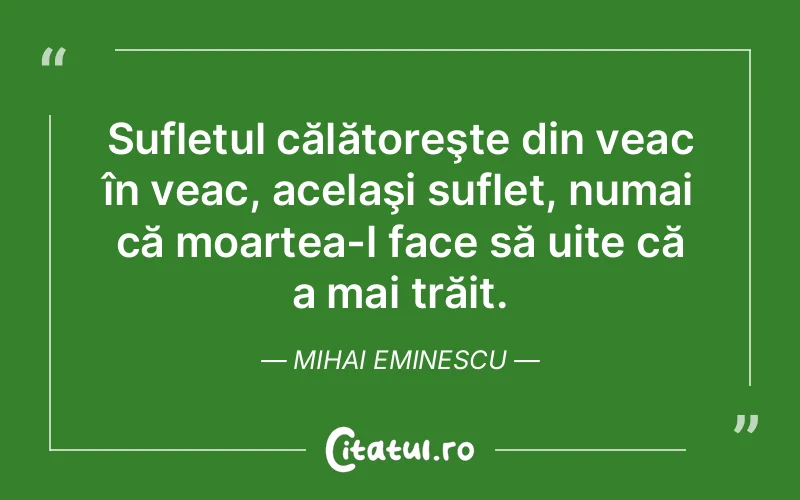 Sufletul călătoreşte din veac în veac, acelaşi suflet, numai că moartea-l face să uite că a mai trăit. Mihai Eminescu
