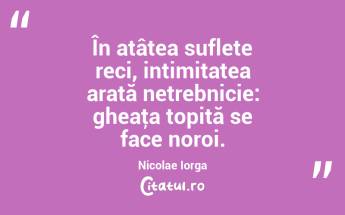 În atâtea suflete reci, intimitatea arată netrebnicie: gheaţa topită se face noroi. Nicolae Iorga...