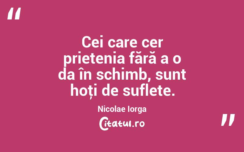 Cei care cer prietenia fără a o da în schimb, sunt hoţi de suflete. Nicolae Iorga
