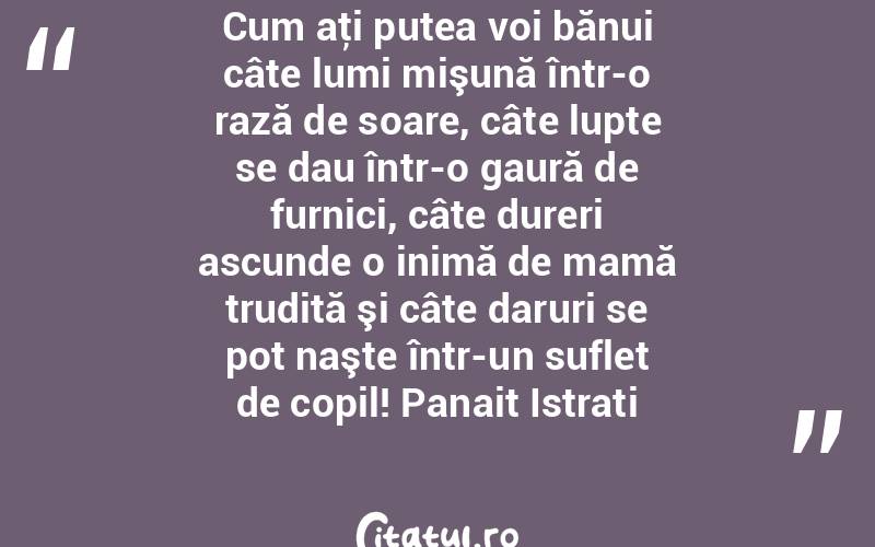 Cum aţi putea voi bănui câte lumi mişună într-o rază de soare, câte lupte se dau într-o gaură de furnici, câte dureri ascunde o inimă de mamă trudită şi câte daruri se pot naşte într-un suflet de copil! Panait Istrati
