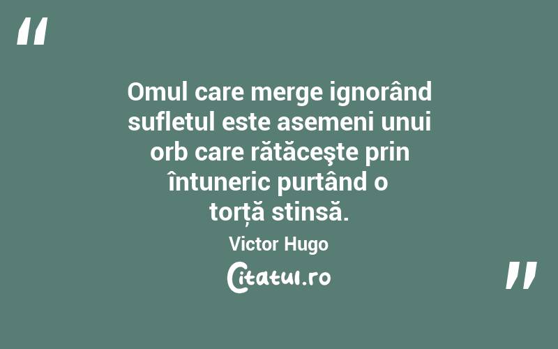 Omul care merge ignorând sufletul este asemeni unui orb care rătăceşte prin întuneric purtând o torţă stinsă. Victor Hugo
