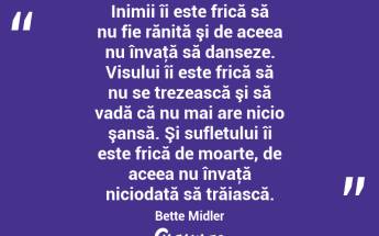  Inimii îi este frică să nu fie rănită şi de aceea nu învaţă să danseze. Visului îi este frică să nu se trezească şi să vadă că nu mai are nicio şansă. Şi sufletului îi este frică de moarte, de aceea nu învaţă niciodată să trăiască. Bette Midler...