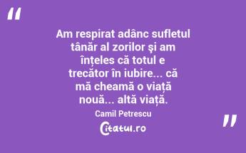 Am respirat adânc sufletul tânăr al zorilor şi am înţeles că totul e trecător în iubire... că mă cheamă o viaţă nouă... altă viaţă. Camil Petrescu...