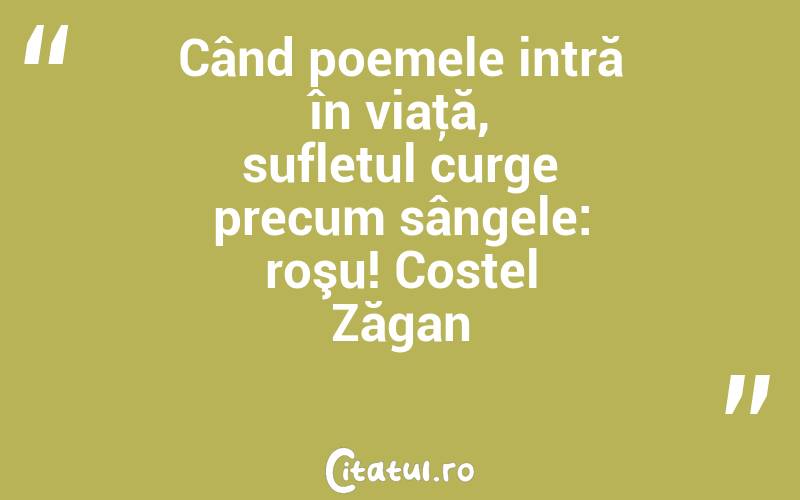 Când poemele intră în viaţă, sufletul curge precum sângele: roşu! Costel Zăgan
