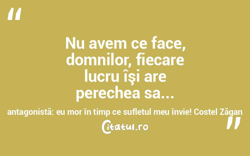 Nu avem ce face, domnilor, fiecare lucru îşi are perechea sa... antagonistă: eu mor în timp ce sufletul meu învie! Costel Zăgan
