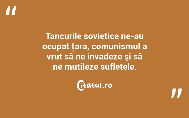 Tancurile sovietice ne-au ocupat ţara, comunismul a vrut să ne invadeze şi să ne mutileze sufletele. 
