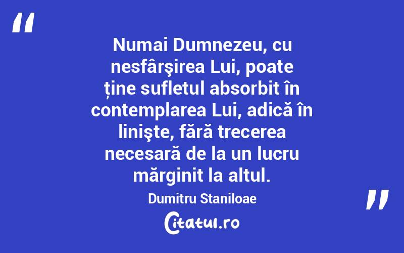 Numai Dumnezeu, cu nesfârşirea Lui, poate ţine sufletul absorbit în contemplarea Lui, adică în linişte, fără trecerea necesară de la un lucru mărginit la altul. Dumitru Staniloae
