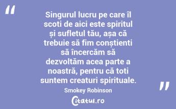 Singurul lucru pe care îl scoți de aici este spiritul și sufletul tău, așa că trebuie să fim conștienți să încercăm să dezvoltăm acea parte a noastră, pentru că toți suntem creaturi spirituale. Smokey Robinson...