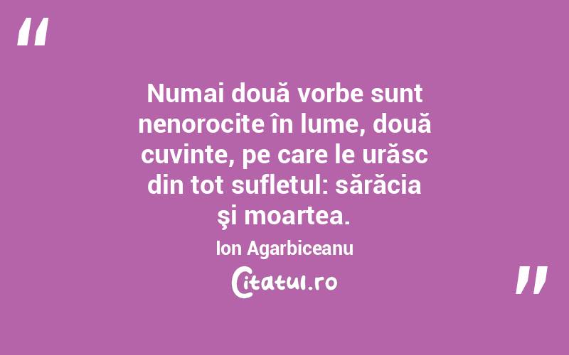    Numai două vorbe sunt nenorocite în lume, două cuvinte, pe care le urăsc din tot sufletul: sărăcia şi moartea. Ion Agarbiceanu
