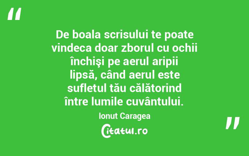 De boala scrisului te poate vindeca doar zborul cu ochii închişi pe aerul aripii lipsă, când aerul este sufletul tău călătorind între lumile cuvântului. Ionuț Caragea
