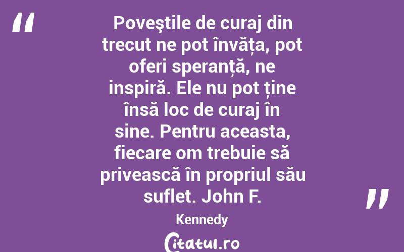 Poveştile de curaj din trecut ne pot învăţa, pot oferi speranţă, ne inspiră. Ele nu pot ţine însă loc de curaj în sine. Pentru aceasta, fiecare om trebuie să privească în propriul său suflet. John F. Kennedy
