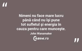 Nimeni nu face mare lucru până când nu îşi pune tot sufletul şi energia în cauza pentru care munceşte. John Wanamaker...